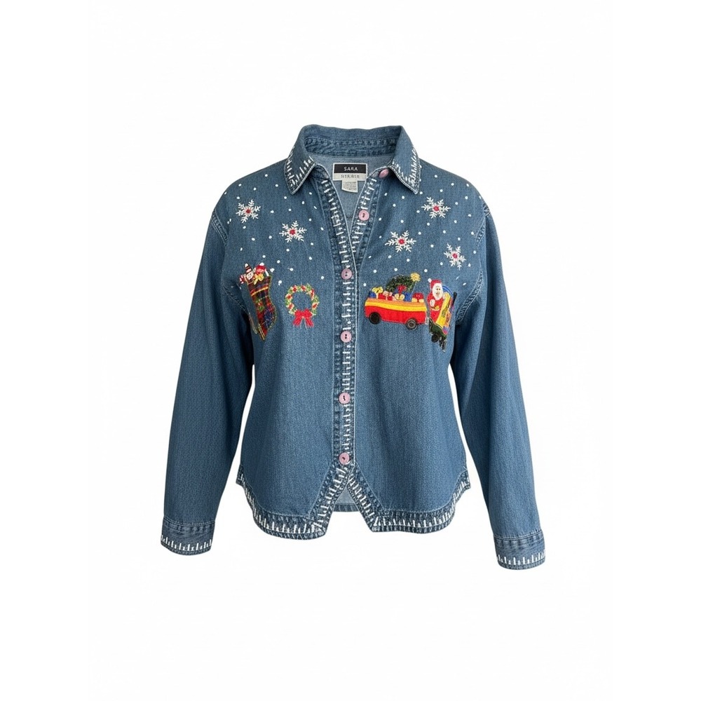 Sara Studio Vintage Christmas Denim Shirt Embroidered Santa Train Blue Large